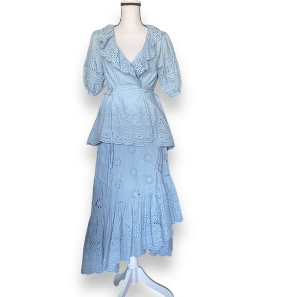 Roller Rabbit Eyelet Lace Wrap Skirt Puff Sleeve Blouse Sz S Light Blue - Picture 1 of 16